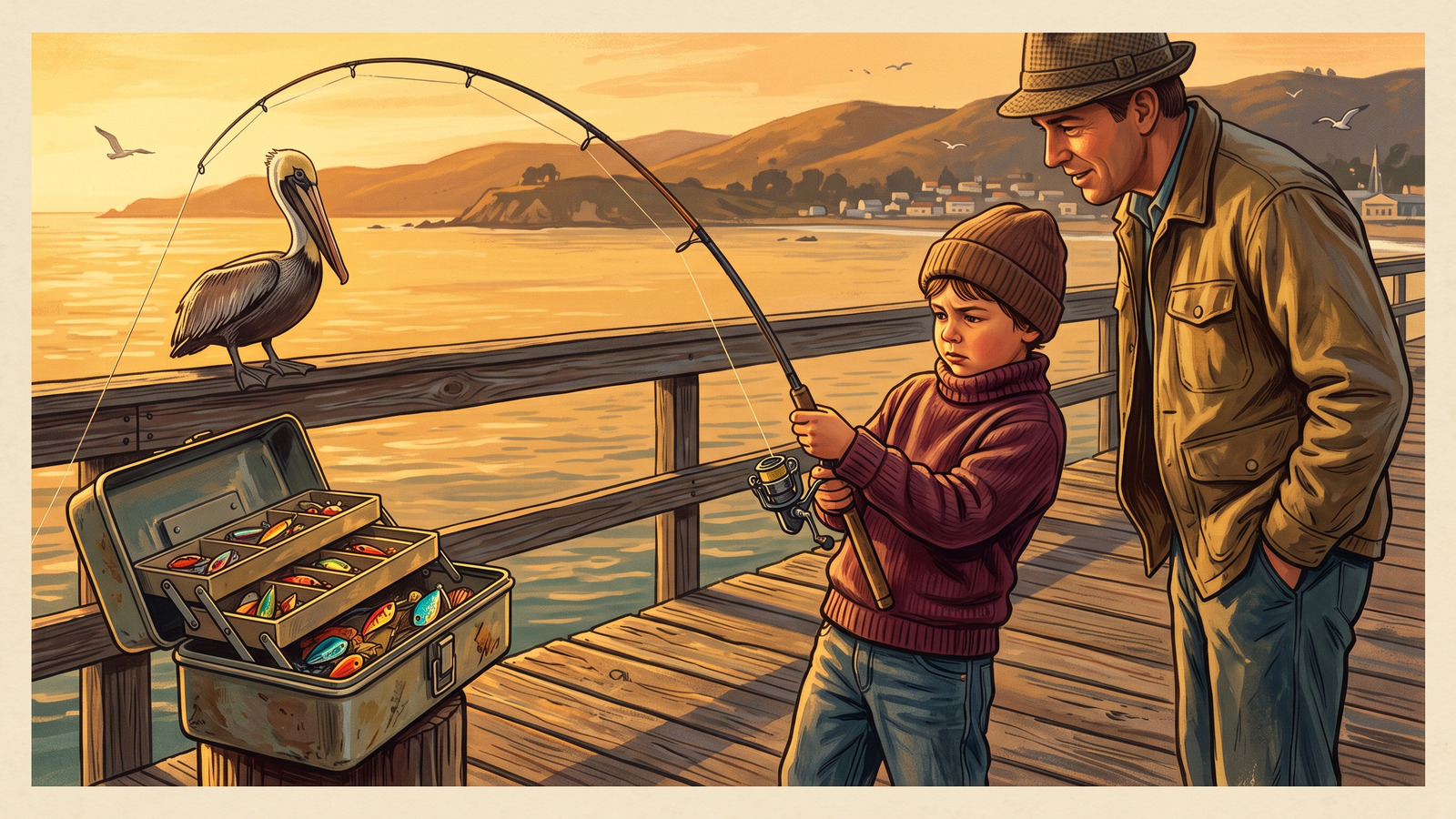 Vintage poster of a child fighting a fish on a pier at golden hour while a parent coaches hands-off and a pelican watches