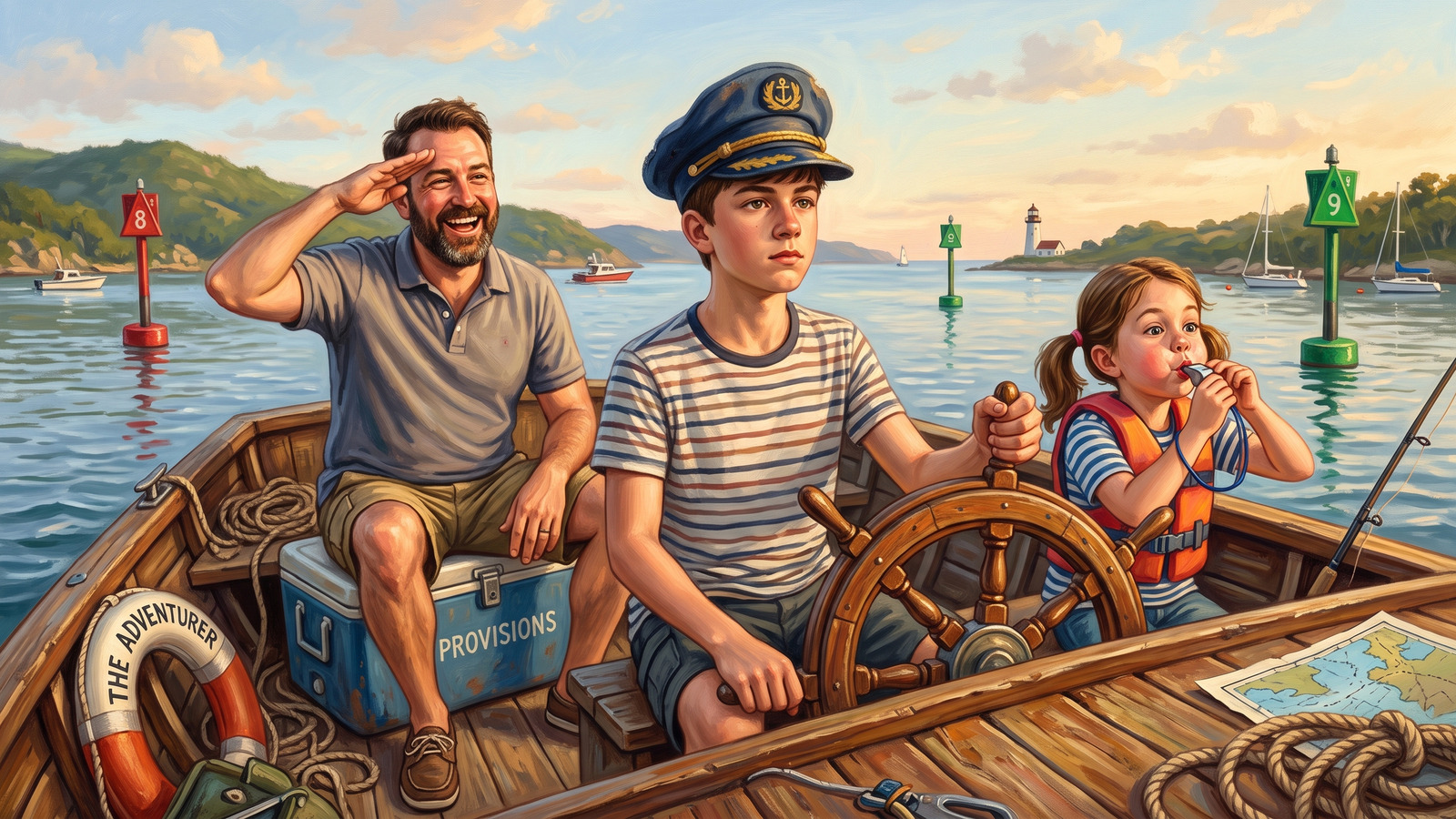 Painting of a proud teen at the helm in an oversized captain hat while a parent salutes from the passenger seat