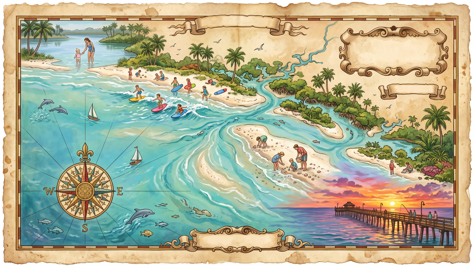Illustrated map style painting of a coastline with vignettes of calm lagoon, surf beach, shelling bar and sunset pier personalities