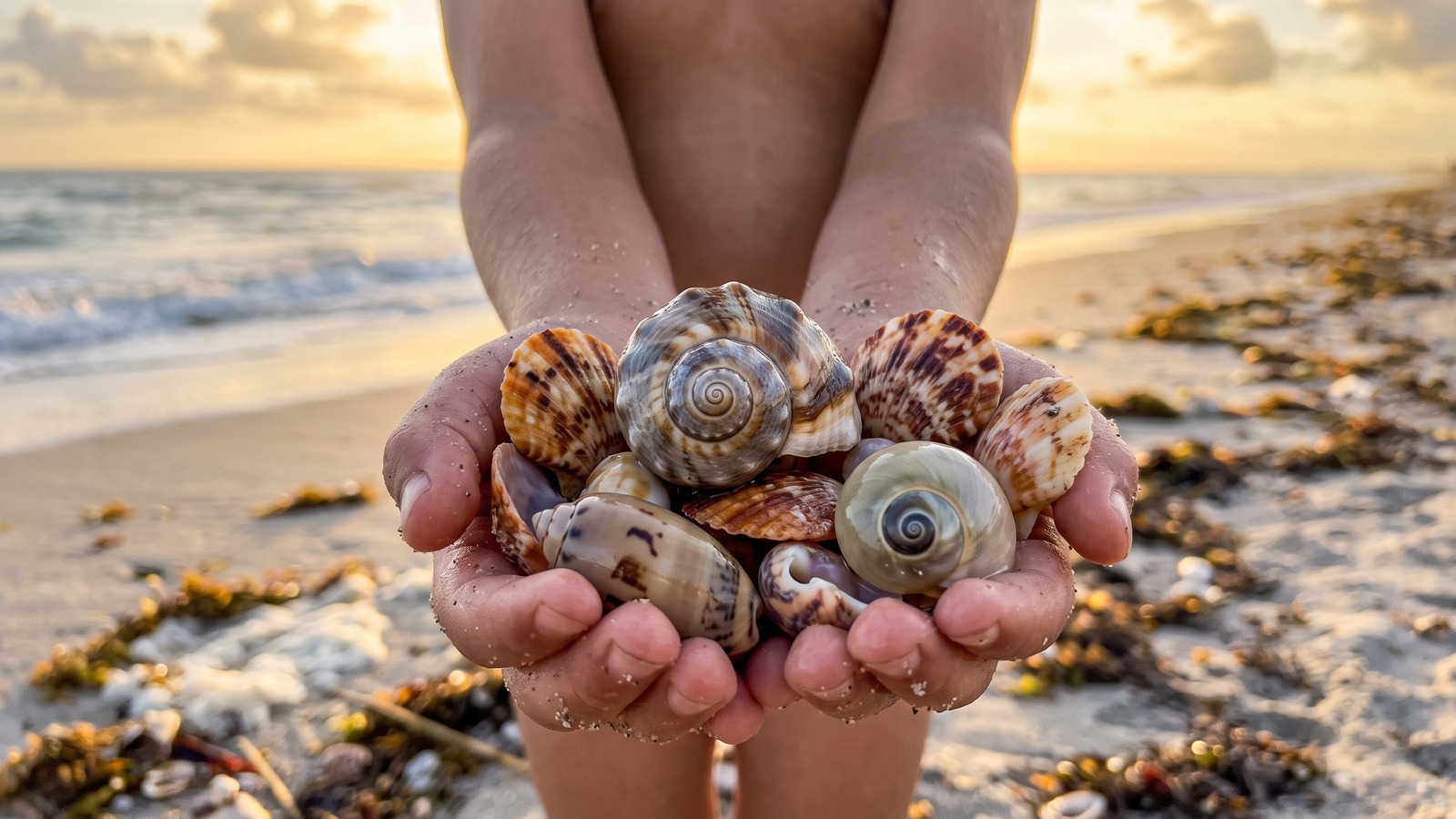 Photo of a child's cupped hands full of gleaming shells with a lightning whelk in the center at dawn