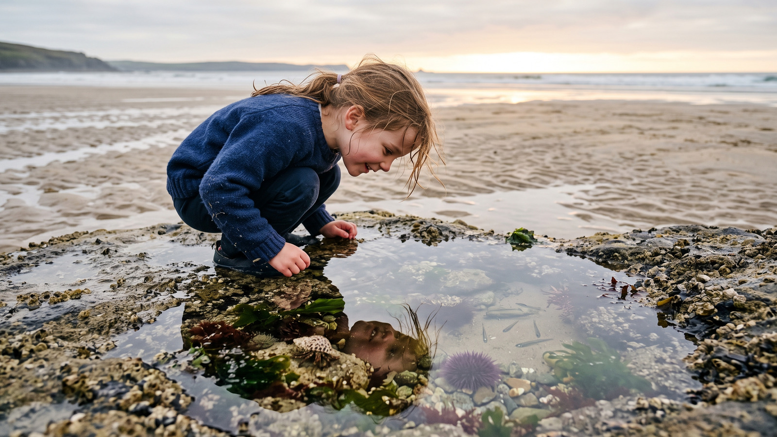 Photo style image of a child's face reflected in a clear tide pool full of hermit crabs and tiny fish at low tide