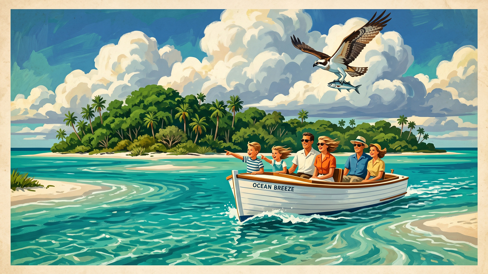 Vintage poster of the little ferry crossing turquoise water toward wild green Caladesi Island with an osprey overhead