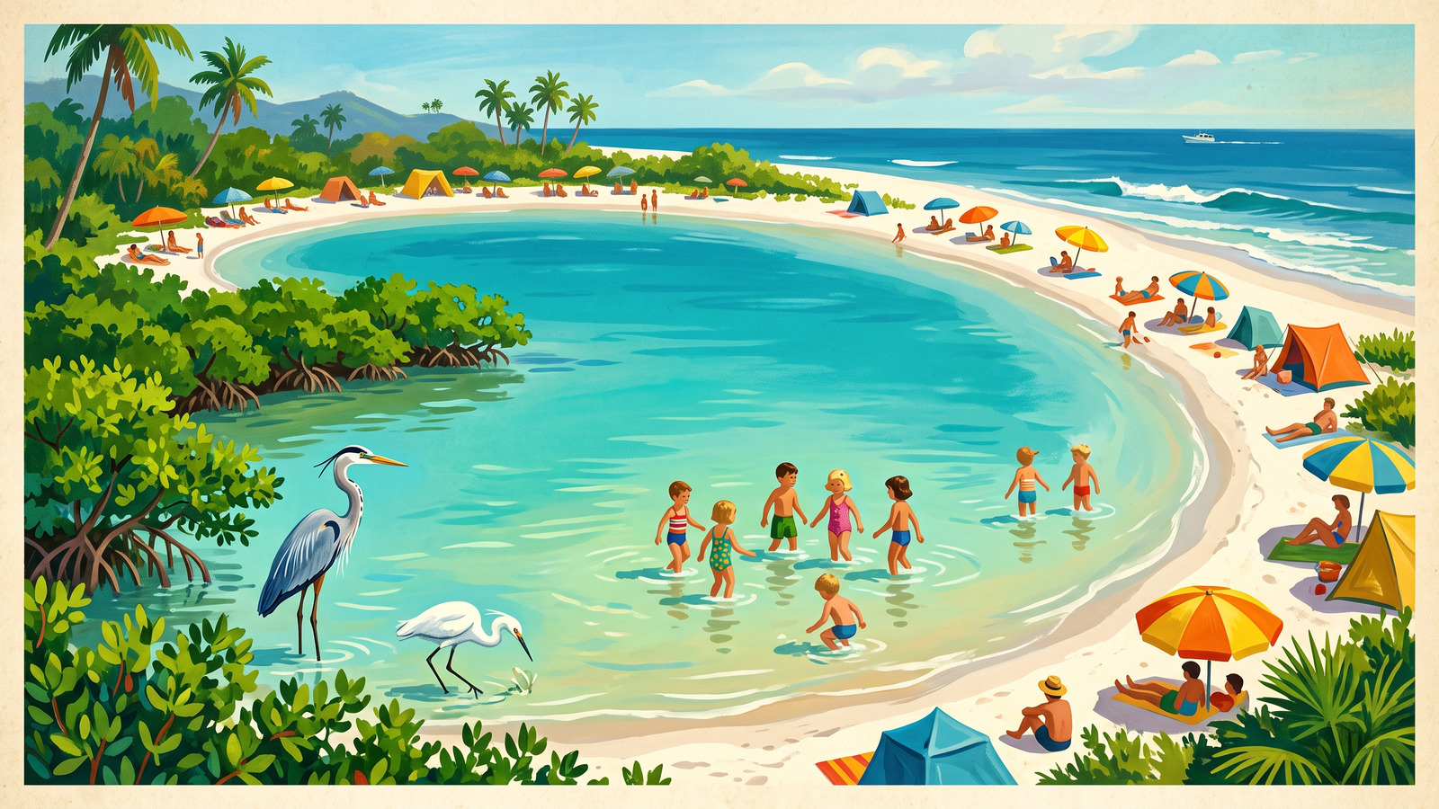 Vintage poster aerial of the calm North Beach lagoon at Fort De Soto with wading children inside the protecting sandbar