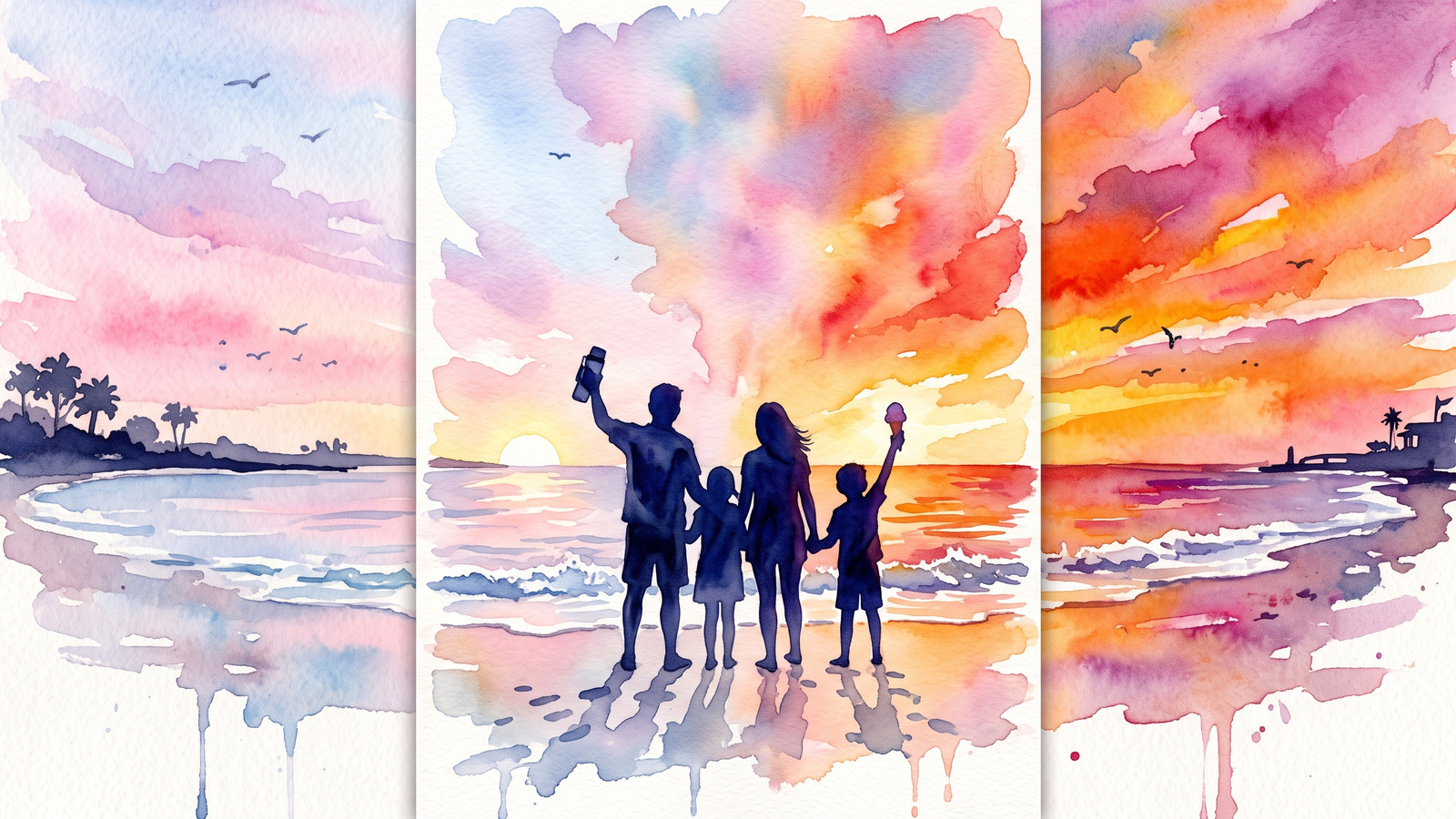 Watercolor of a family silhouette on a beach beneath a sky split between soft sunrise and blazing sunset