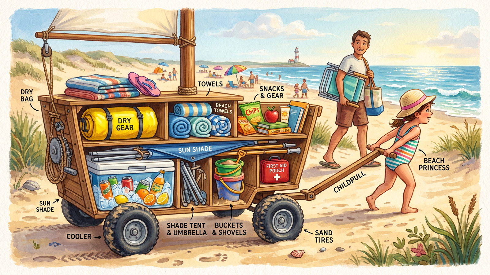 Storybook cutaway painting of a fully packed beach wagon showing all its compartments as a child proudly pulls it to the beach