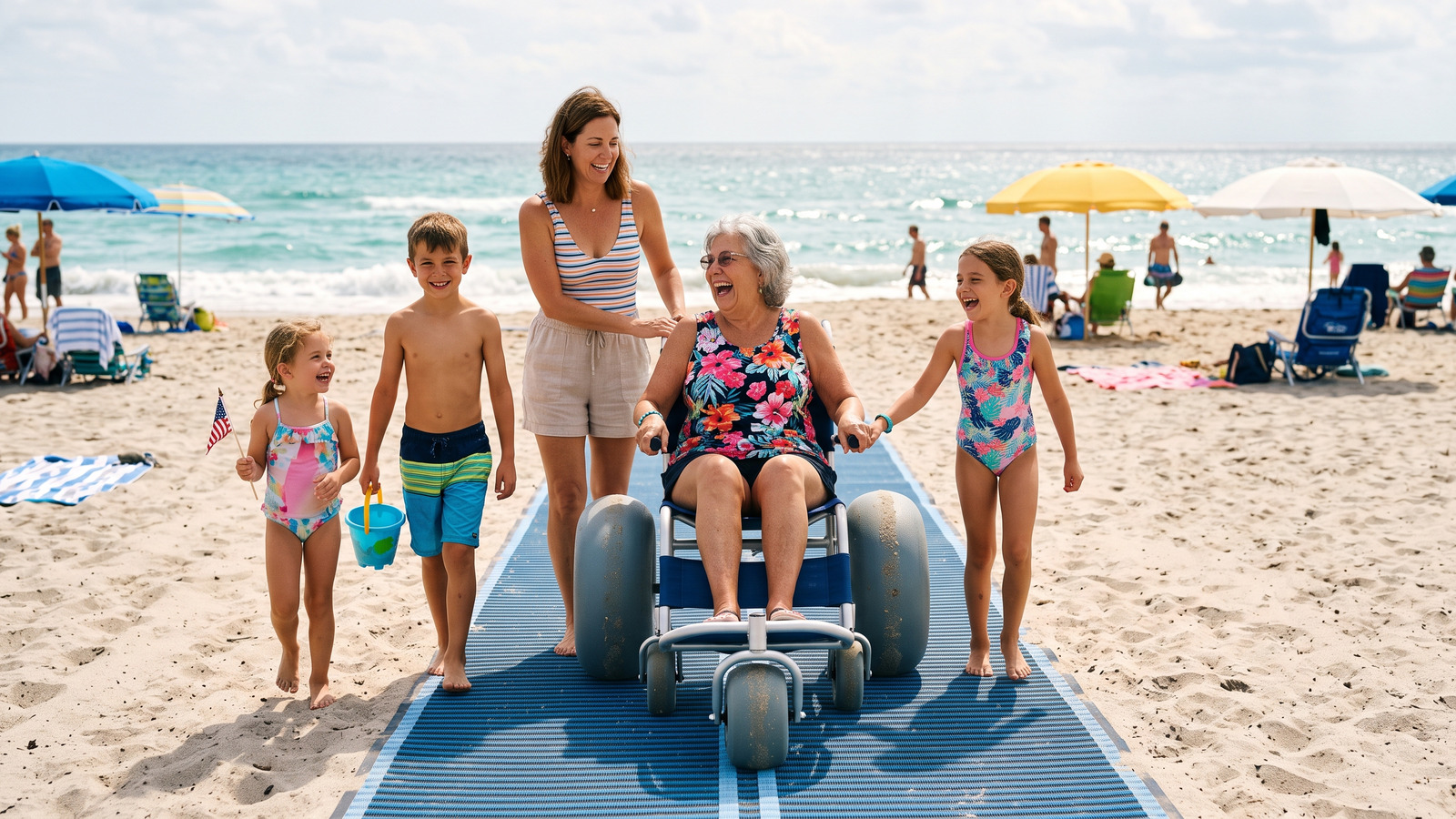 Photo of a laughing grandmother in a balloon tired beach wheelchair rolling down the access mat to the water with her family