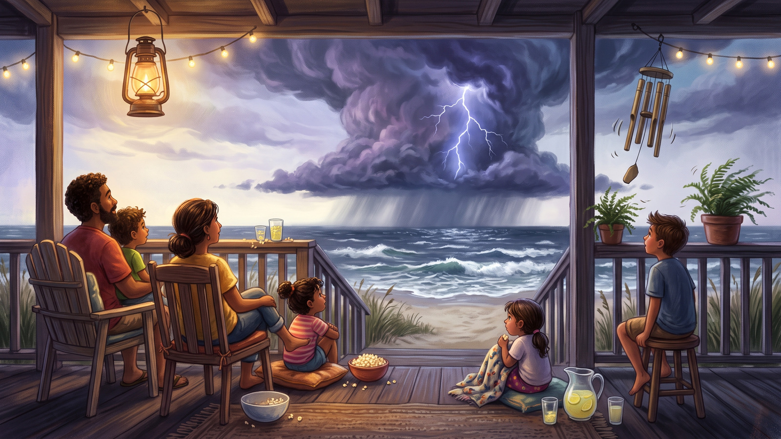 Painting of a family with popcorn watching a towering purple storm cloud over the gulf from a covered porch