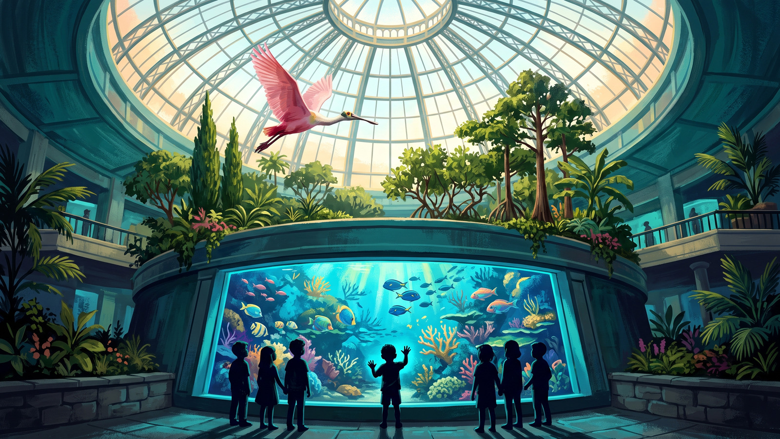 Vintage poster of children at a glowing aquarium reef window beneath a glass dome with a spoonbill flying through the light