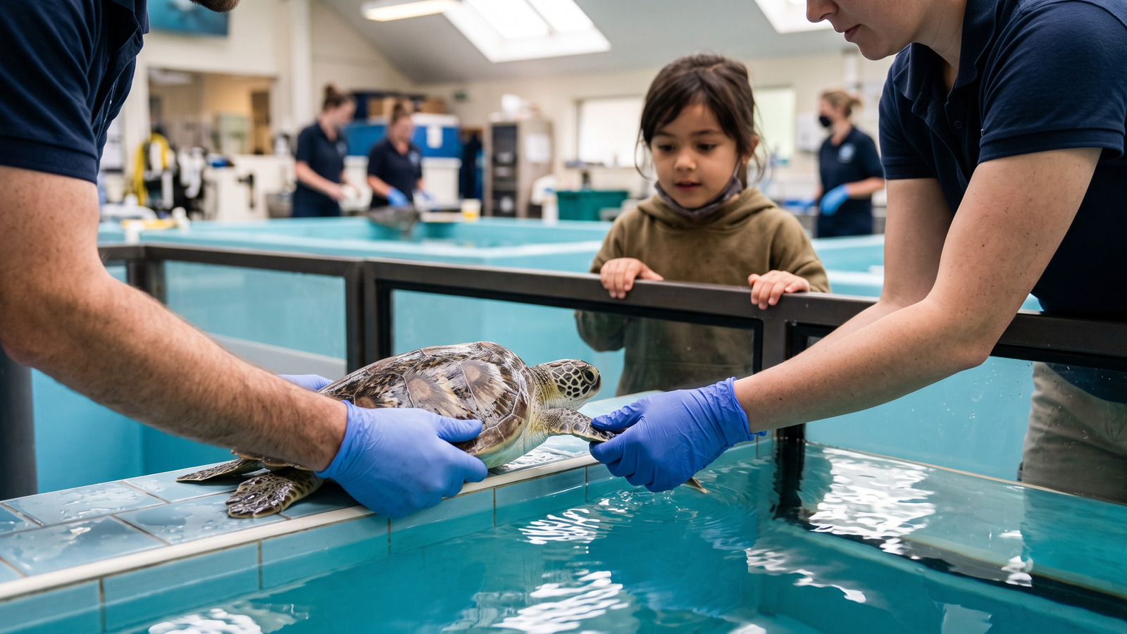 Photo of a rescued young sea turtle receiving a gentle exam at a rehab pool while a child watches from the rail