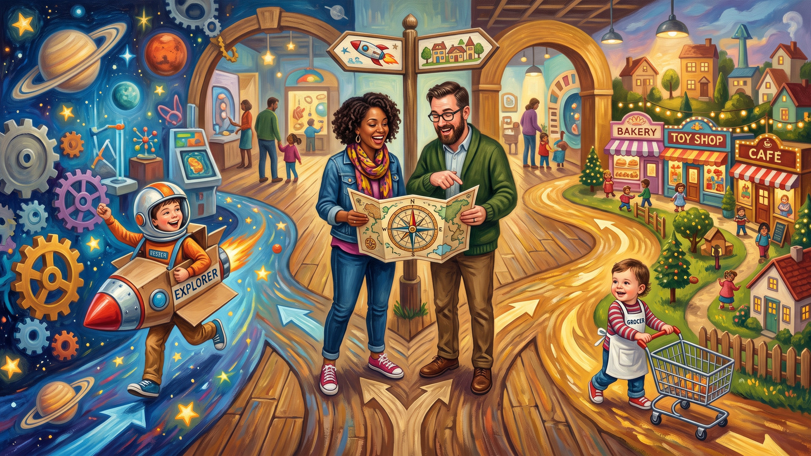 Painting of a family at a forked path where one child heads toward a science wonderland and a toddler toward a pretend village