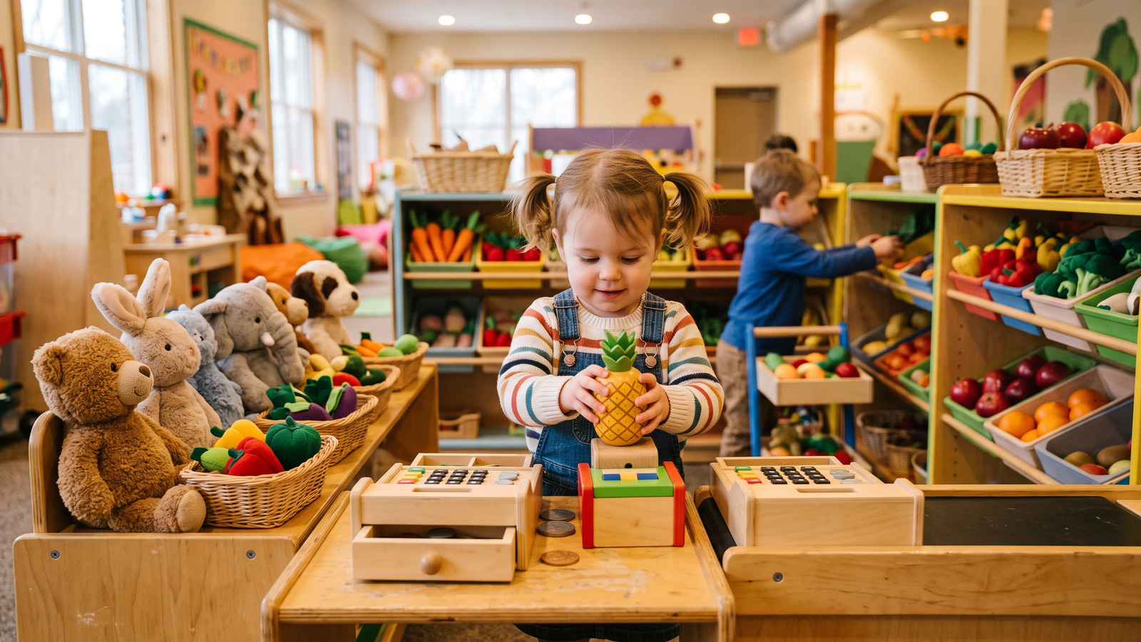Photo of a toddler seriously scanning play groceries at a children's museum pretend market with stuffed animals in line