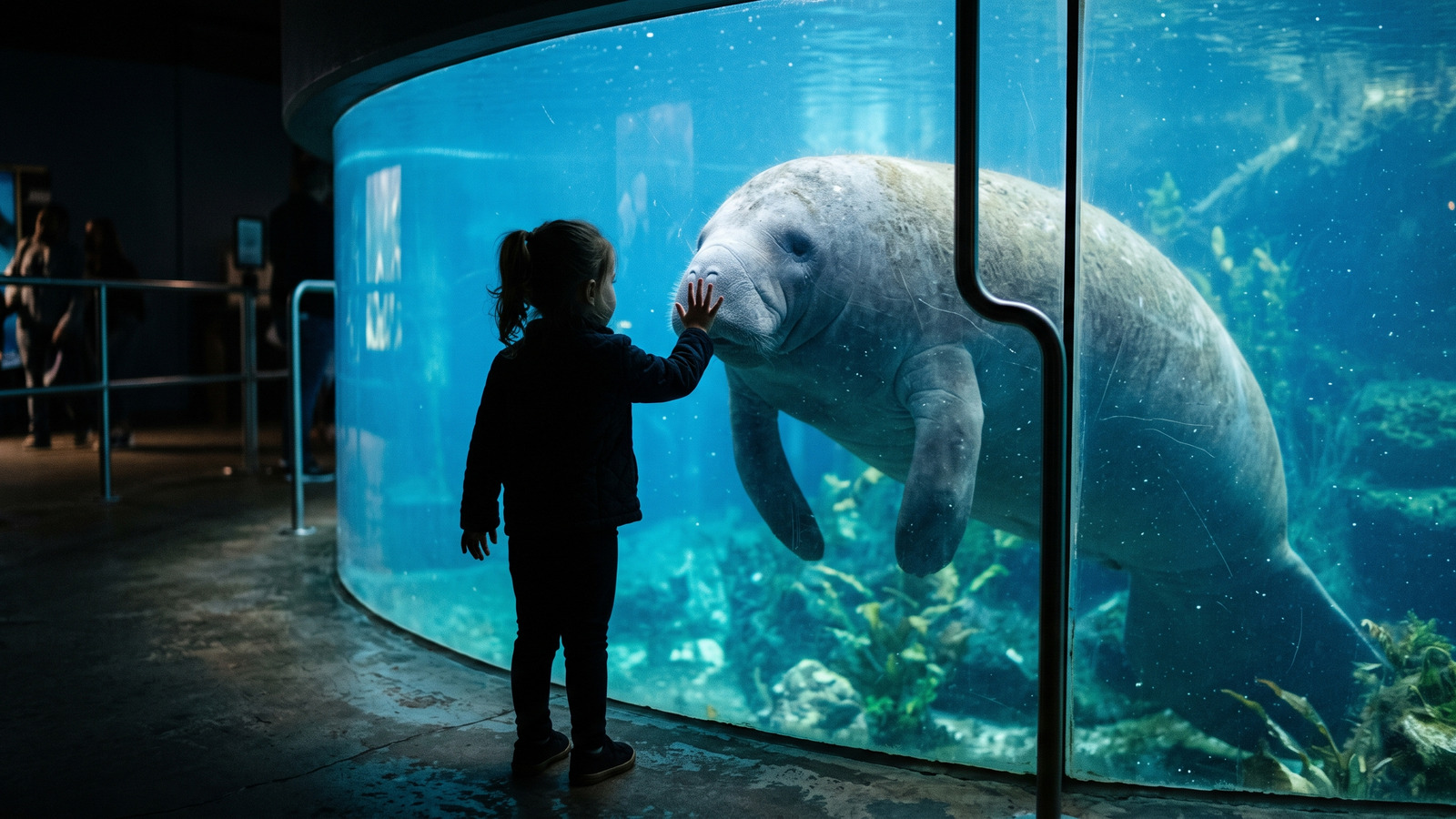 Photo style image of a child's palm on the glass of a rehab pool window as a manatee brings its whiskered face close