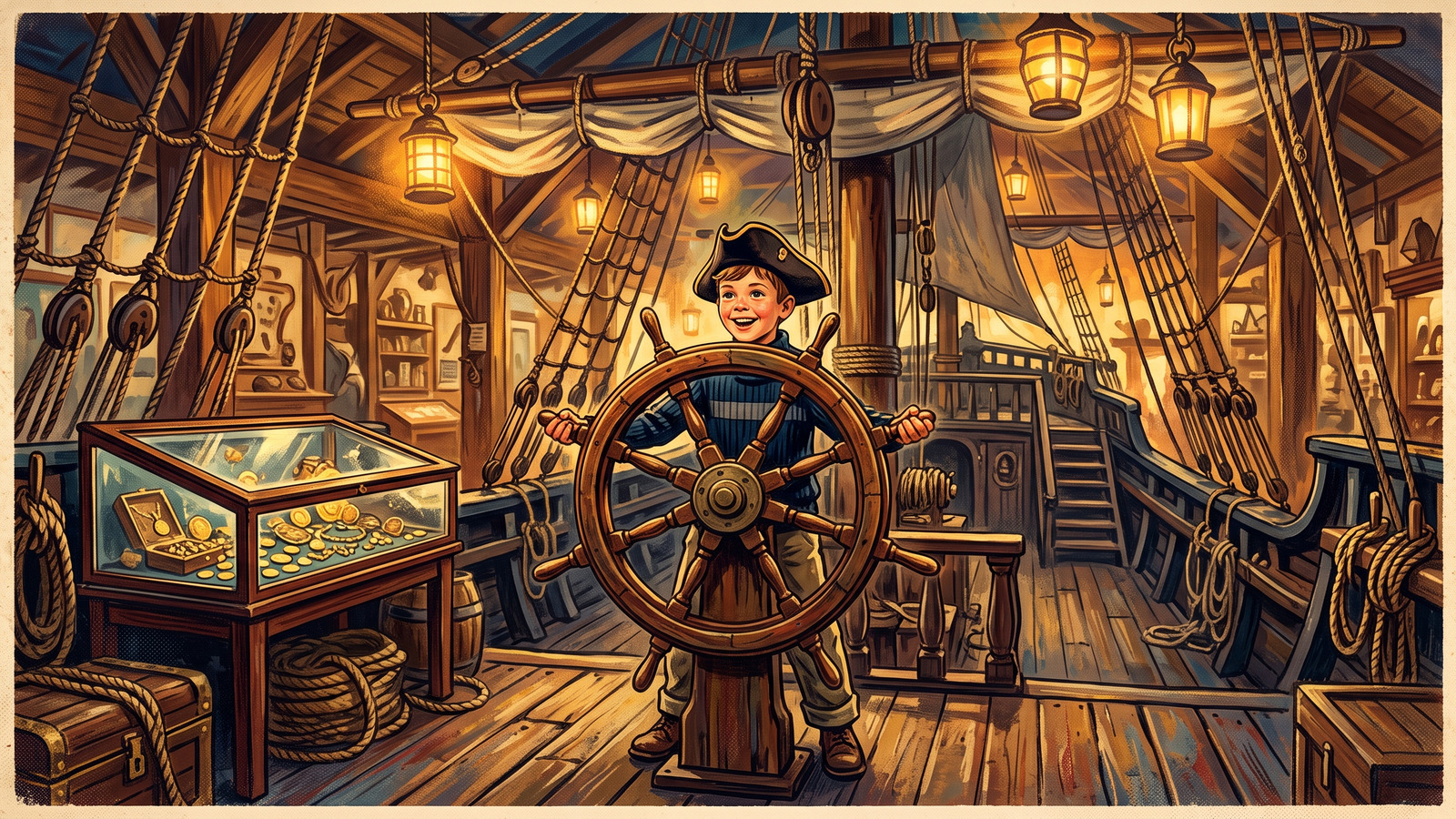 Vintage poster of a child at the wooden wheel of the museum's boardable pirate ship beside a case of salvaged treasure
