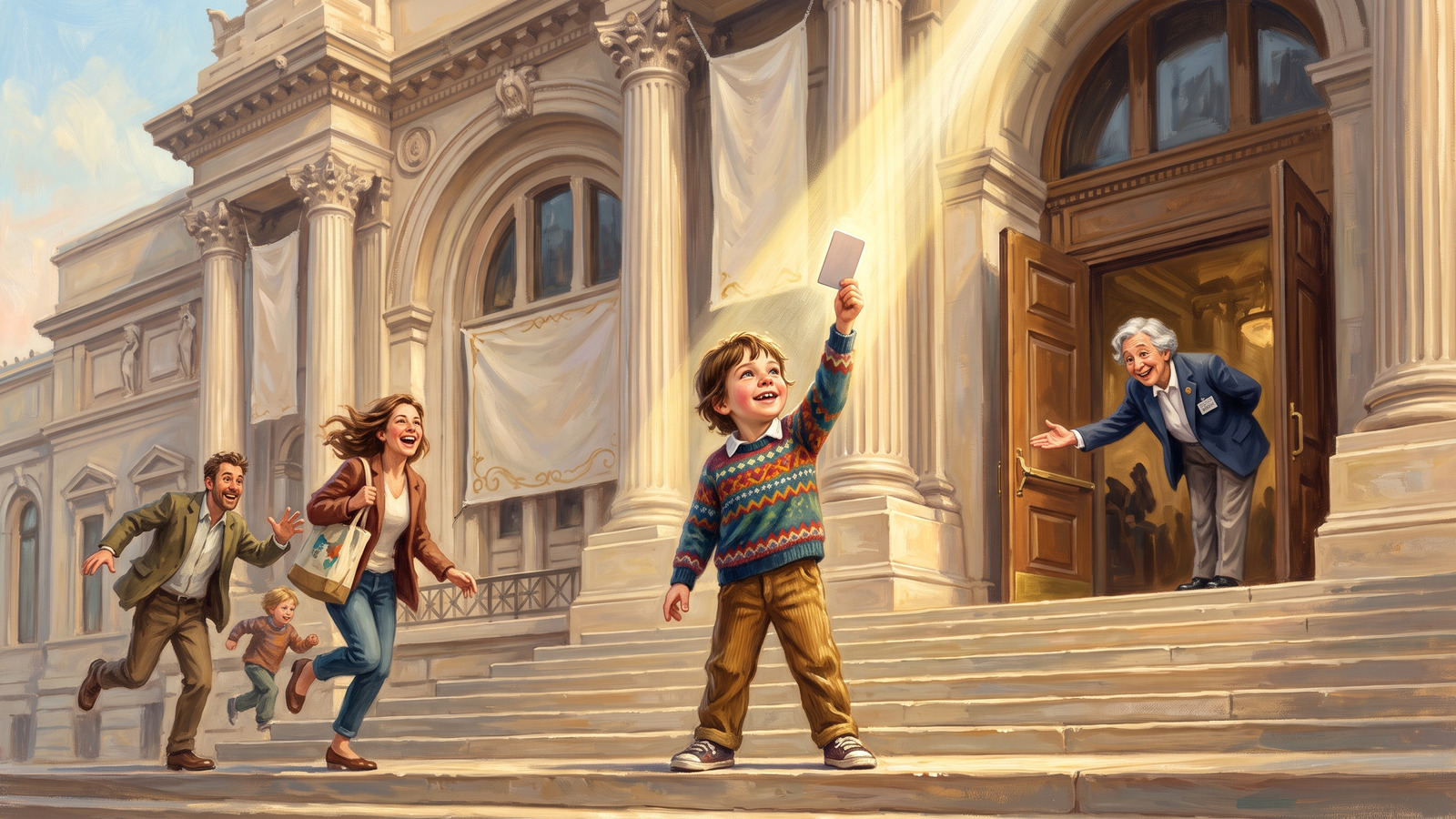 Painting of a child holding a library card aloft like a legendary sword on museum steps as the family charges up behind