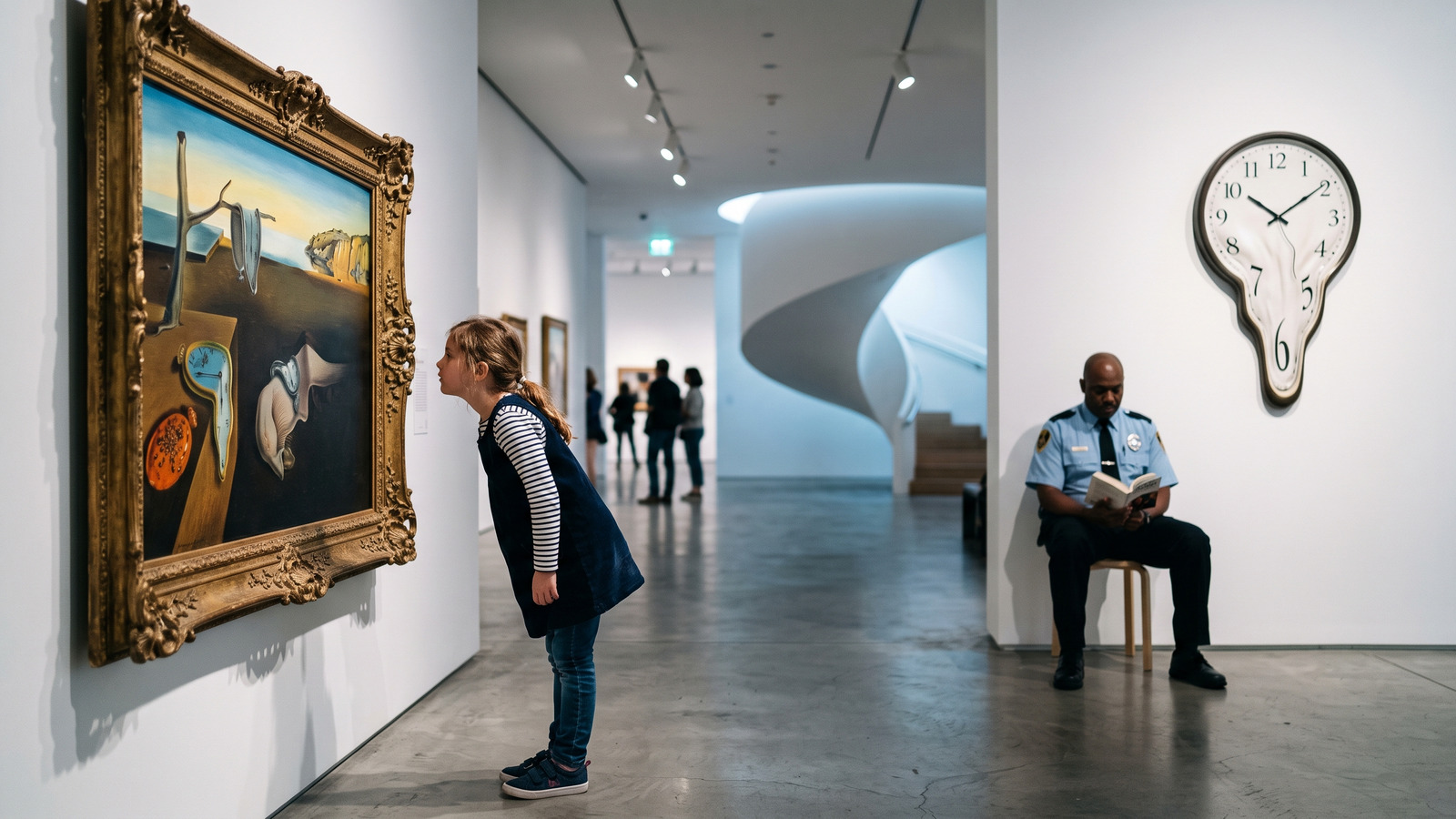 Photo style image of a child studying a melting clocks painting while the gallery's real wall clock quietly melts behind a guard