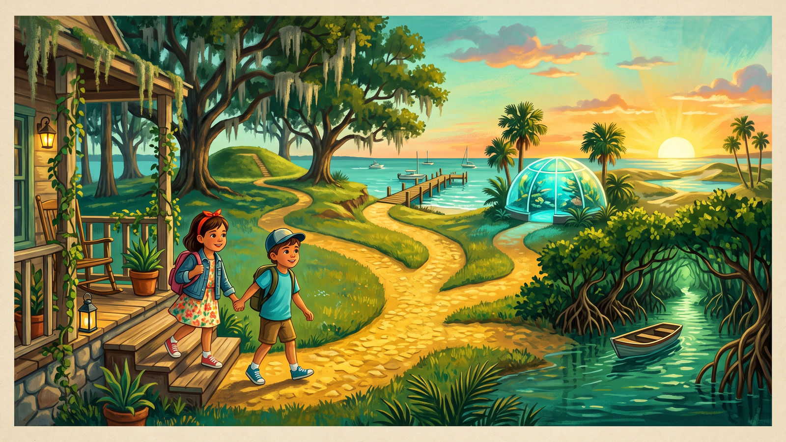 Vintage poster of two kids with backpacks leaving their porch on a path branching toward a mound, pier, aquarium dome and mangroves