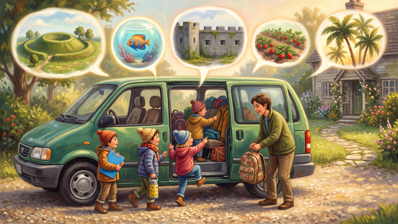 Painting of kids boarding the family van while tiny glowing field trip destinations float above it like a daydream