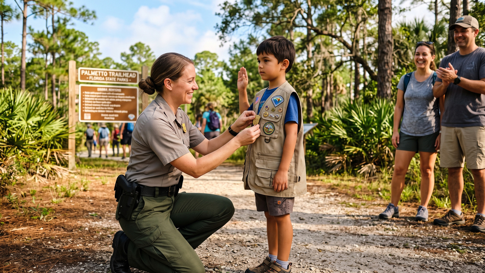Photo of a ranger pinning a junior ranger badge on a proud child with hand raised in the pledge at a trailhead