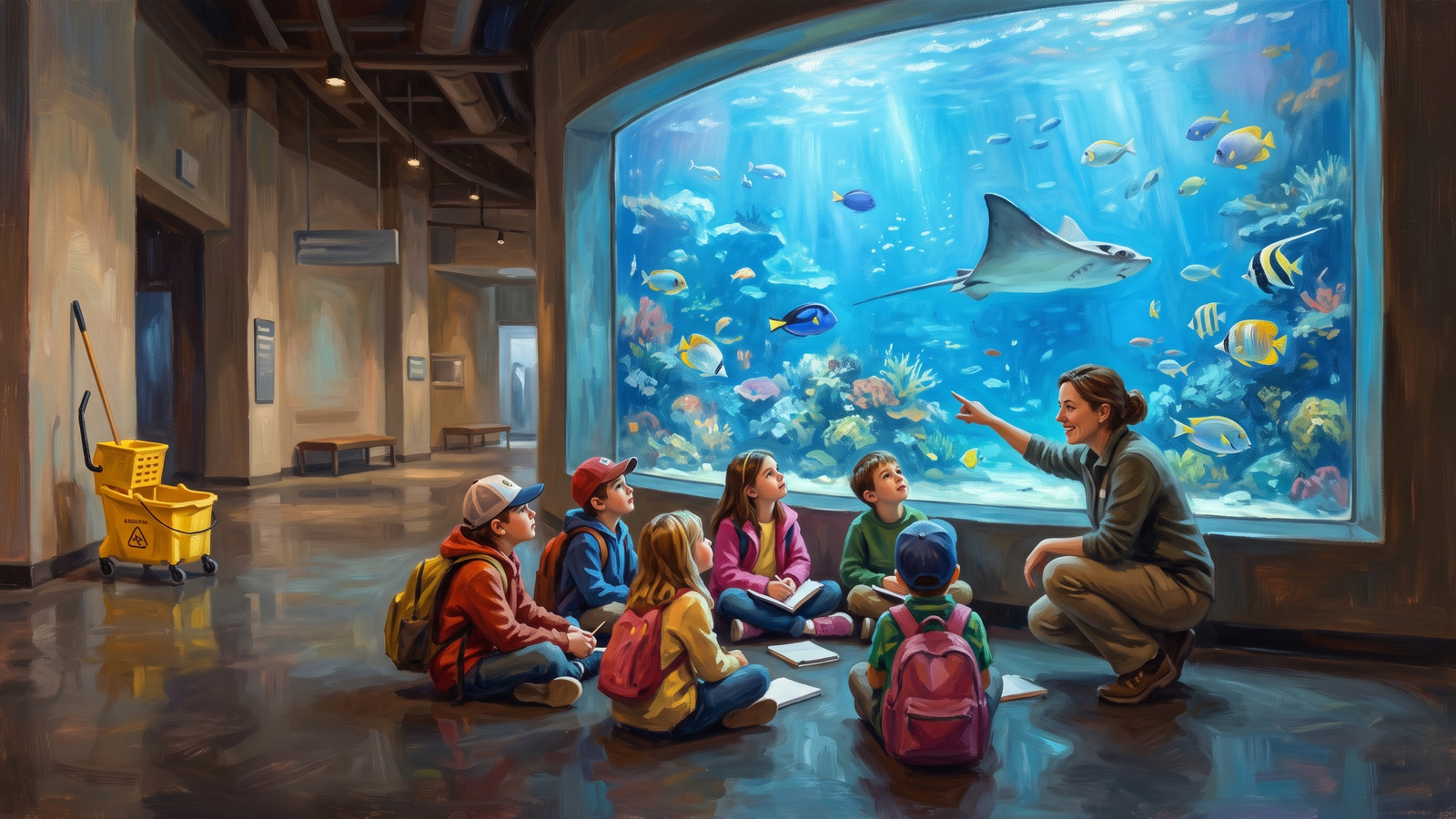 Painting of a small group of homeschool kids sitting alone before a glowing aquarium window in an empty morning museum