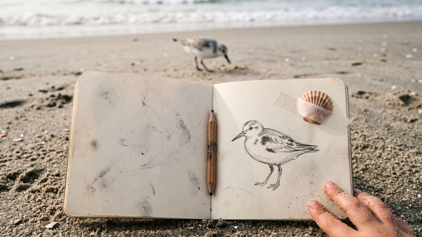 Photo of a child's nature journal with a pencil sketch of a sanderling while the real bird poses at the wave line beyond