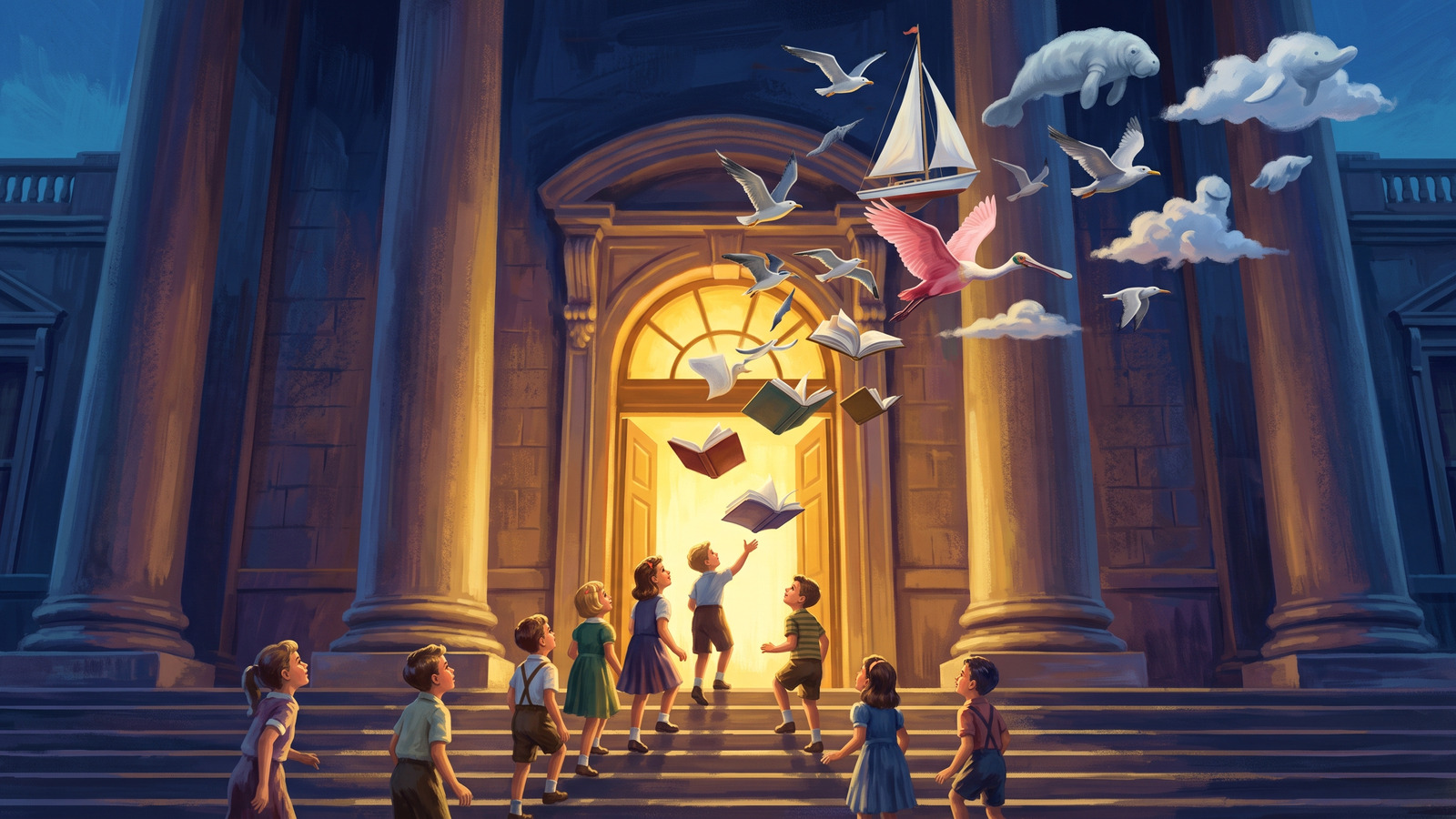 Vintage poster of children entering a glowing library as flying books transform into gulls, a spoonbill and a sail overhead