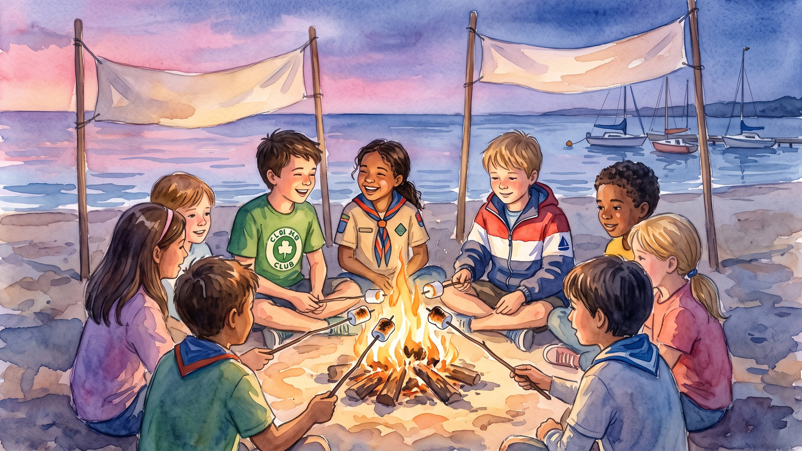 Watercolor of a mixed circle of club kids toasting marshmallows around a beach campfire at dusk with sailboats behind