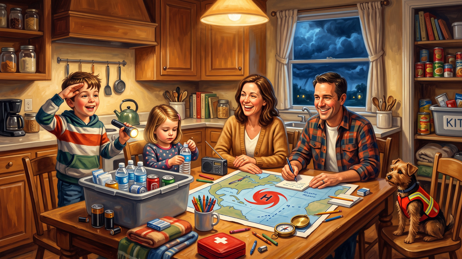 Painting of a cheerful family hurricane drill with a saluting flashlight kid, water bottle counter, blank tracking map and a dog in a tiny vest