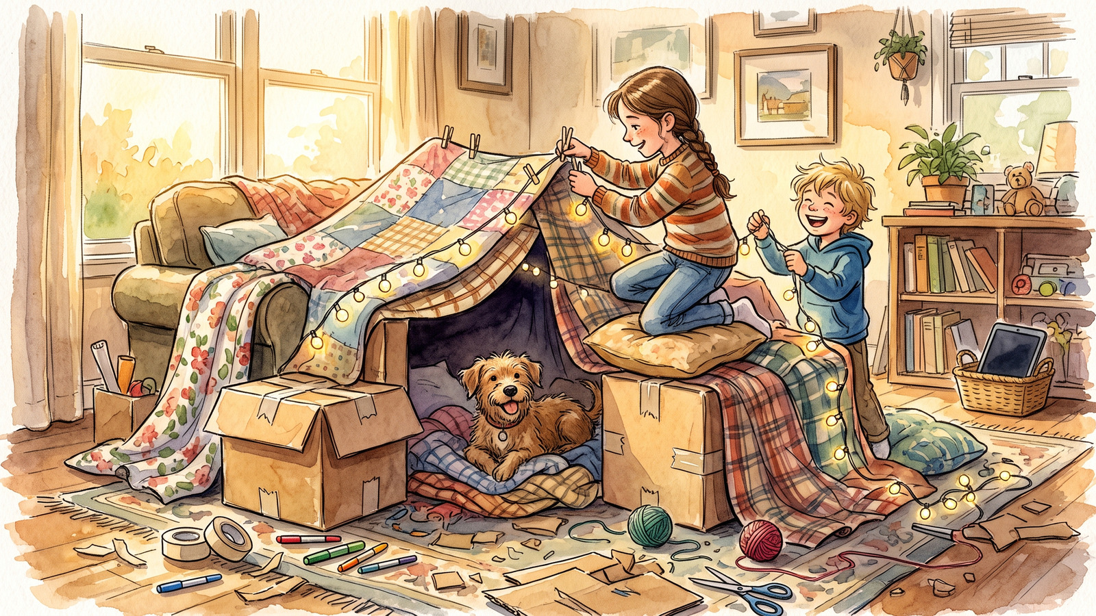 Watercolor of kids building a grand blanket and cardboard fort with their dog while a tablet sits dark in a basket