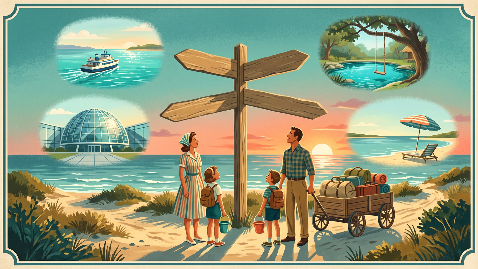 Vintage poster of a family at a sunrise signpost with blank arrows and four glowing weekend destinations floating in the sky
