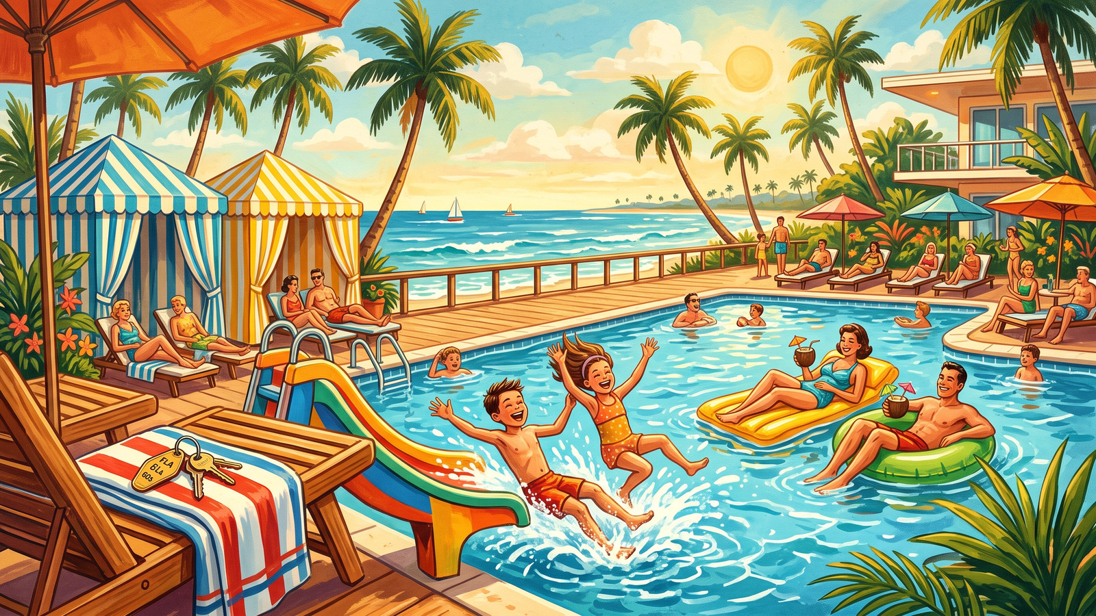 Vintage poster of a family enjoying a resort pool with slide and cabanas with the gulf just beyond the deck