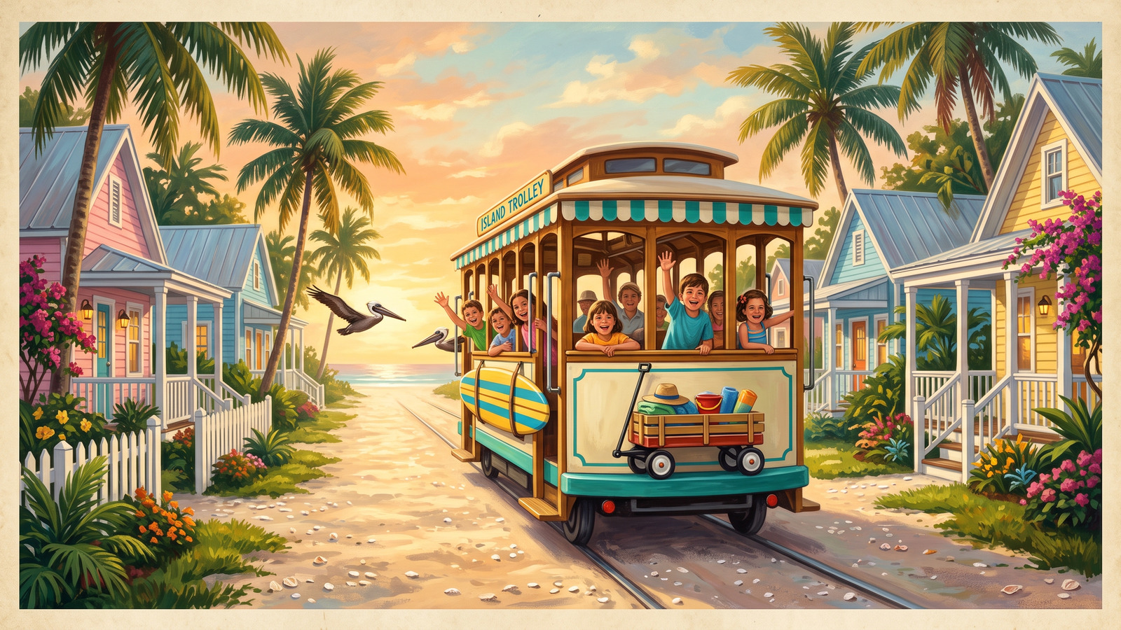 Vintage poster of the free island trolley rolling past pastel cottages with kids waving and pelicans gliding alongside