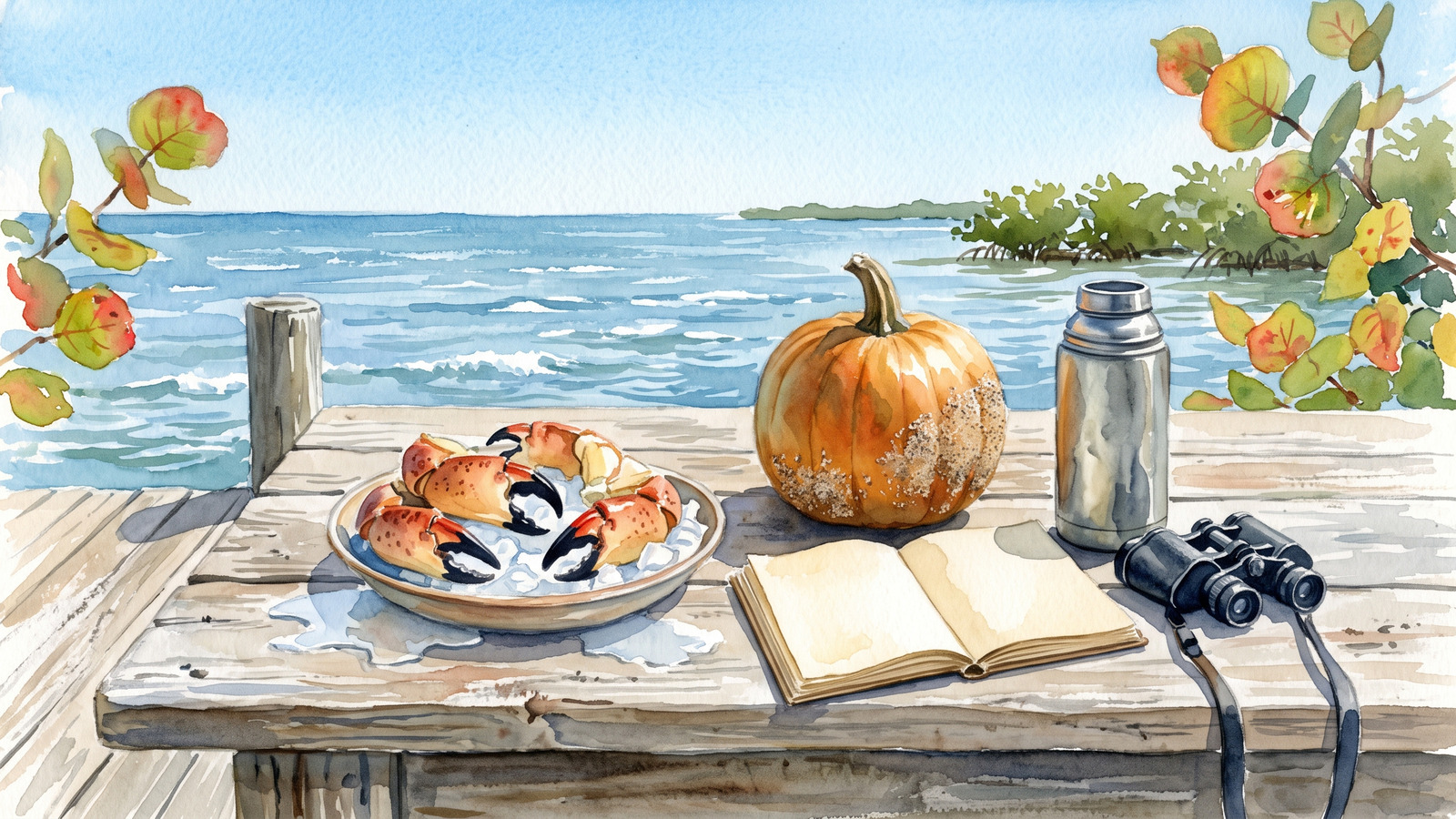 Watercolor still life of stone crab claws, a sandy pumpkin, binoculars and a field journal on a dock table in Florida fall
