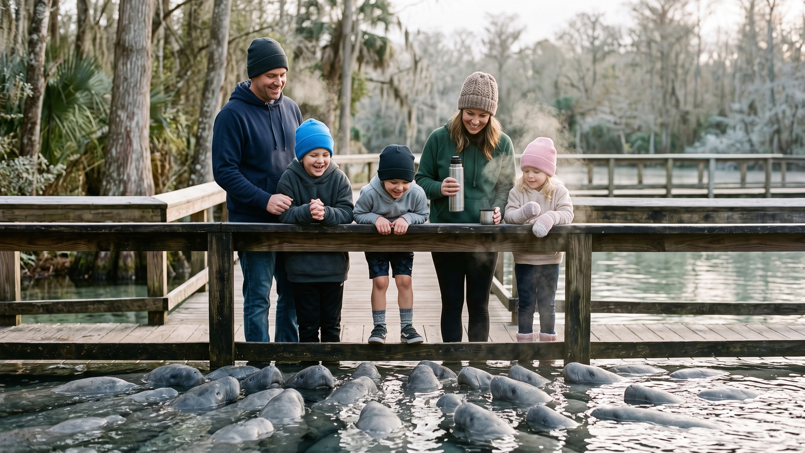 Photo of a bundled family with steaming hot chocolate at a boardwalk rail above water crowded with wintering manatees