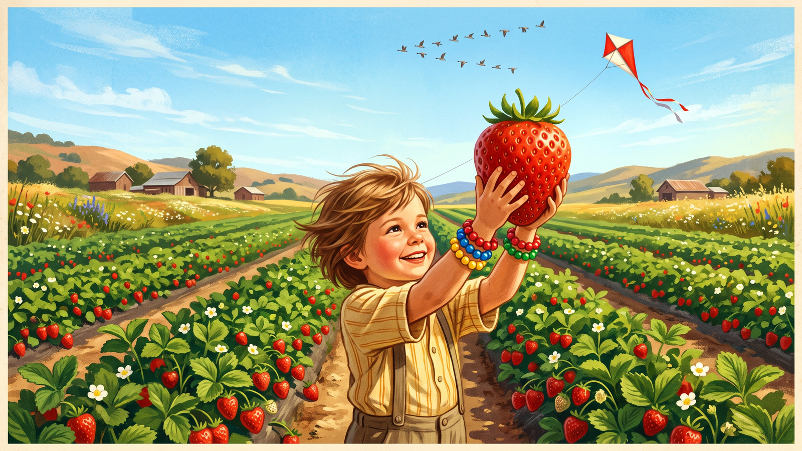 Vintage poster of a child holding up a giant strawberry in the field with parade beads on their wrist and a kite climbing overhead