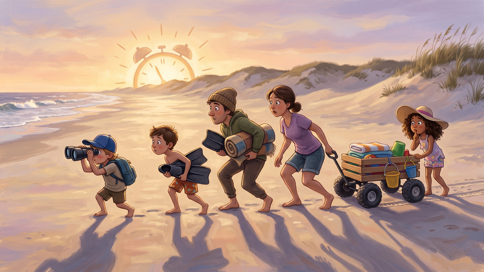 Painting of a family sneaking onto an empty dawn beach in heist formation as the sun rises like a giant alarm clock