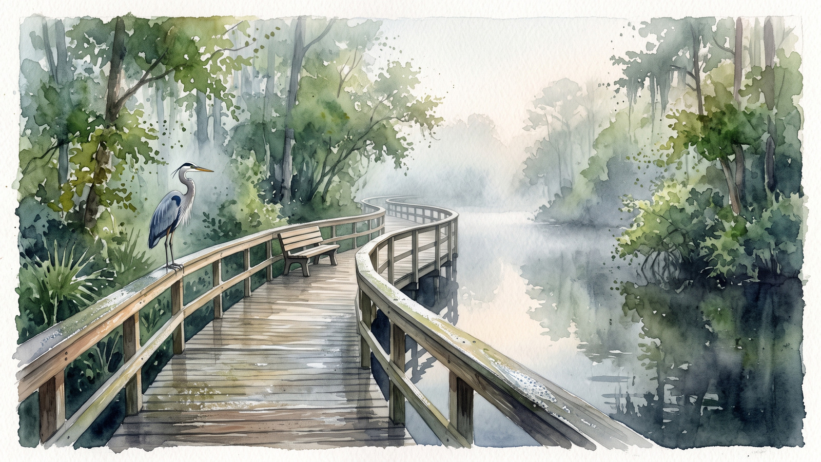 Watercolor of an empty misty preserve boardwalk with a great blue heron standing close beside the railing