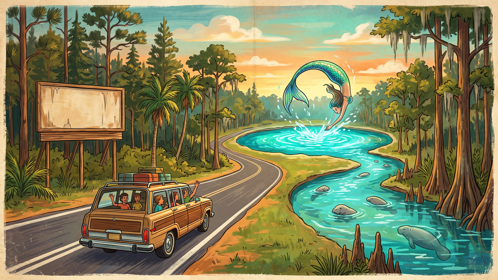 Vintage poster of a family wagon driving toward the springs coast where a blue spring, a mermaid tail and manatee snouts rise ahead