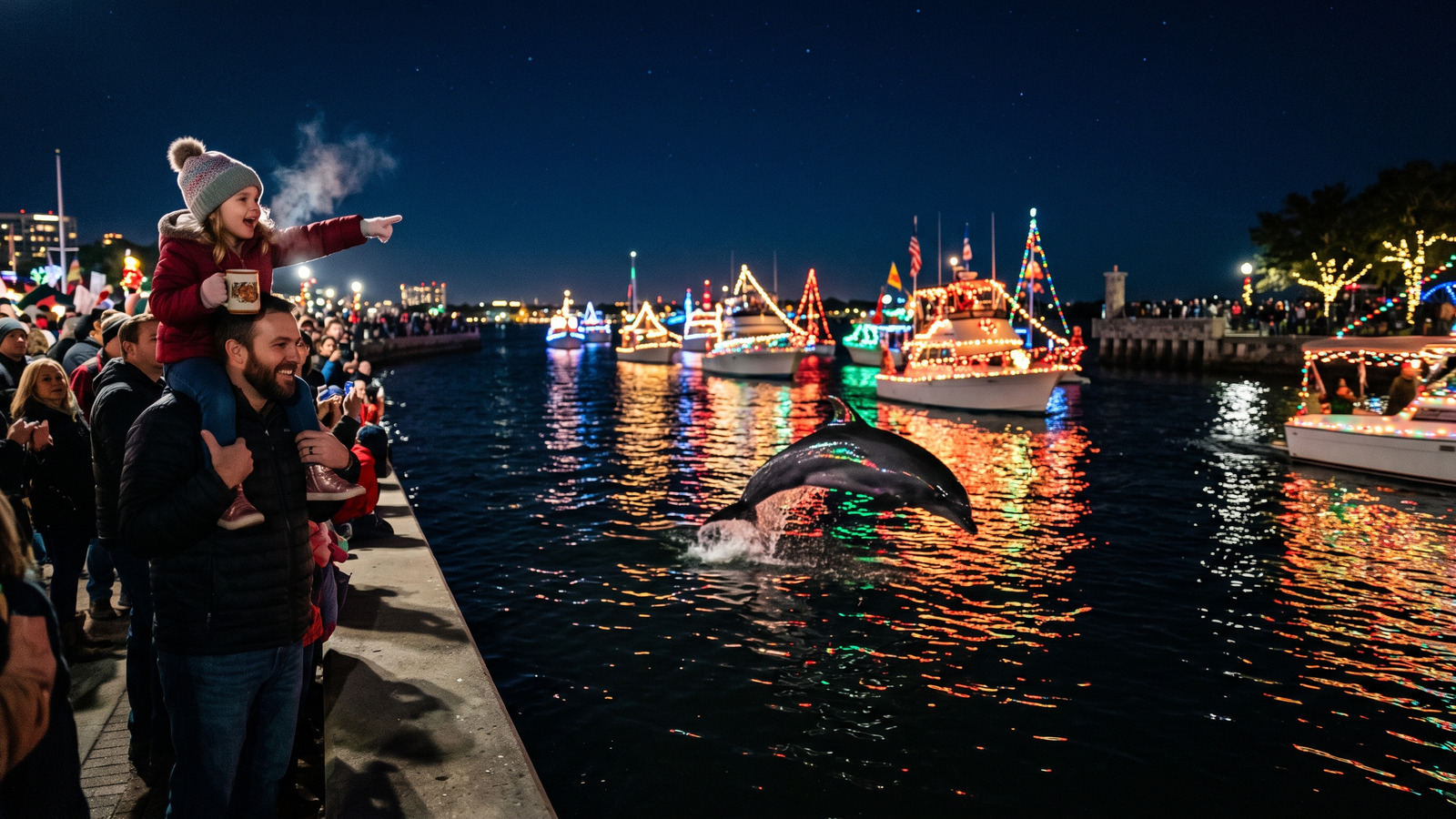 Night photo style image of a lighted holiday boat parade reflected on dark water as a dolphin arcs through the glowing reflections