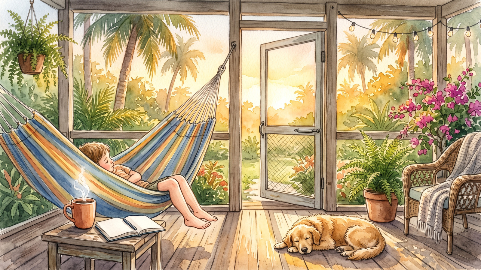 Watercolor of a quiet family porch at sunrise with coffee, a hammock, a sleeping dog and an open blank journal
