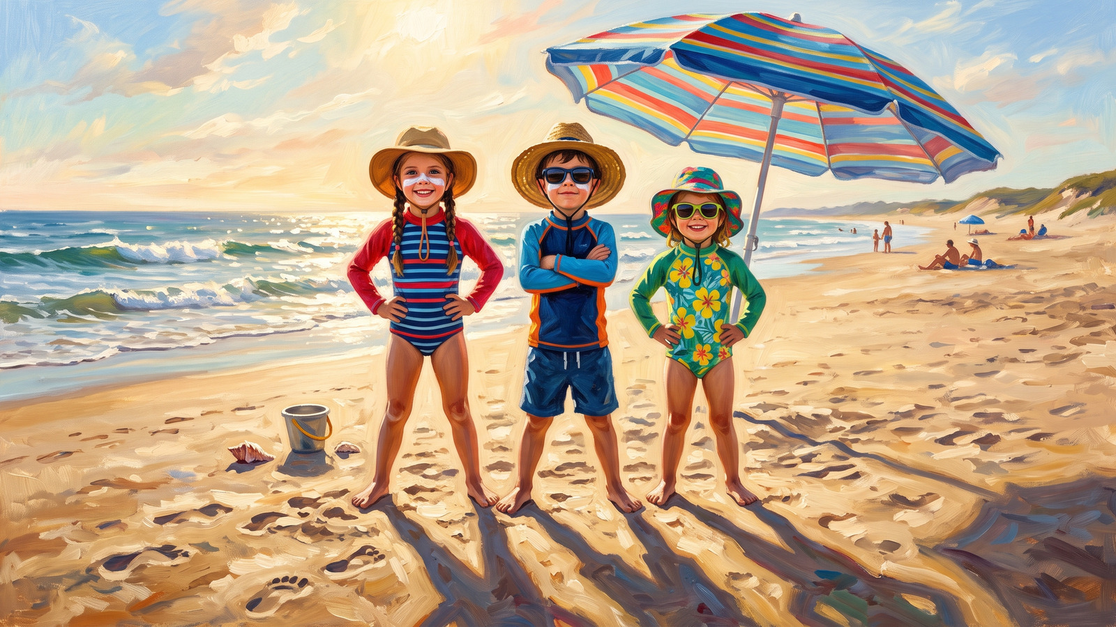 Painting of three kids in rash guards, brimmed hats and sunglasses posed like a hero team under their beach umbrella banner
