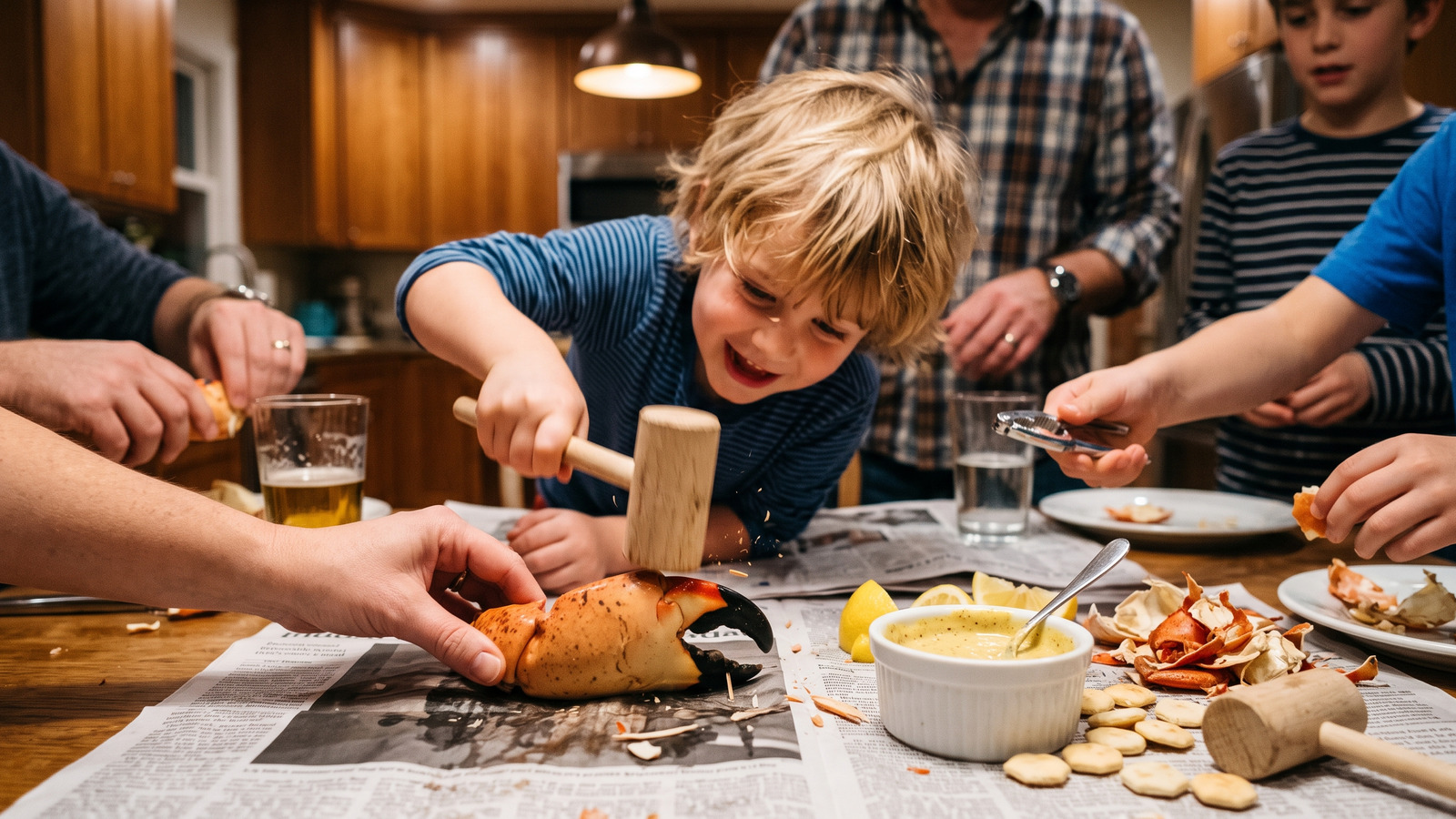 Photo of a child cracking the season's first stone crab claw with a wooden mallet as family hands reach in