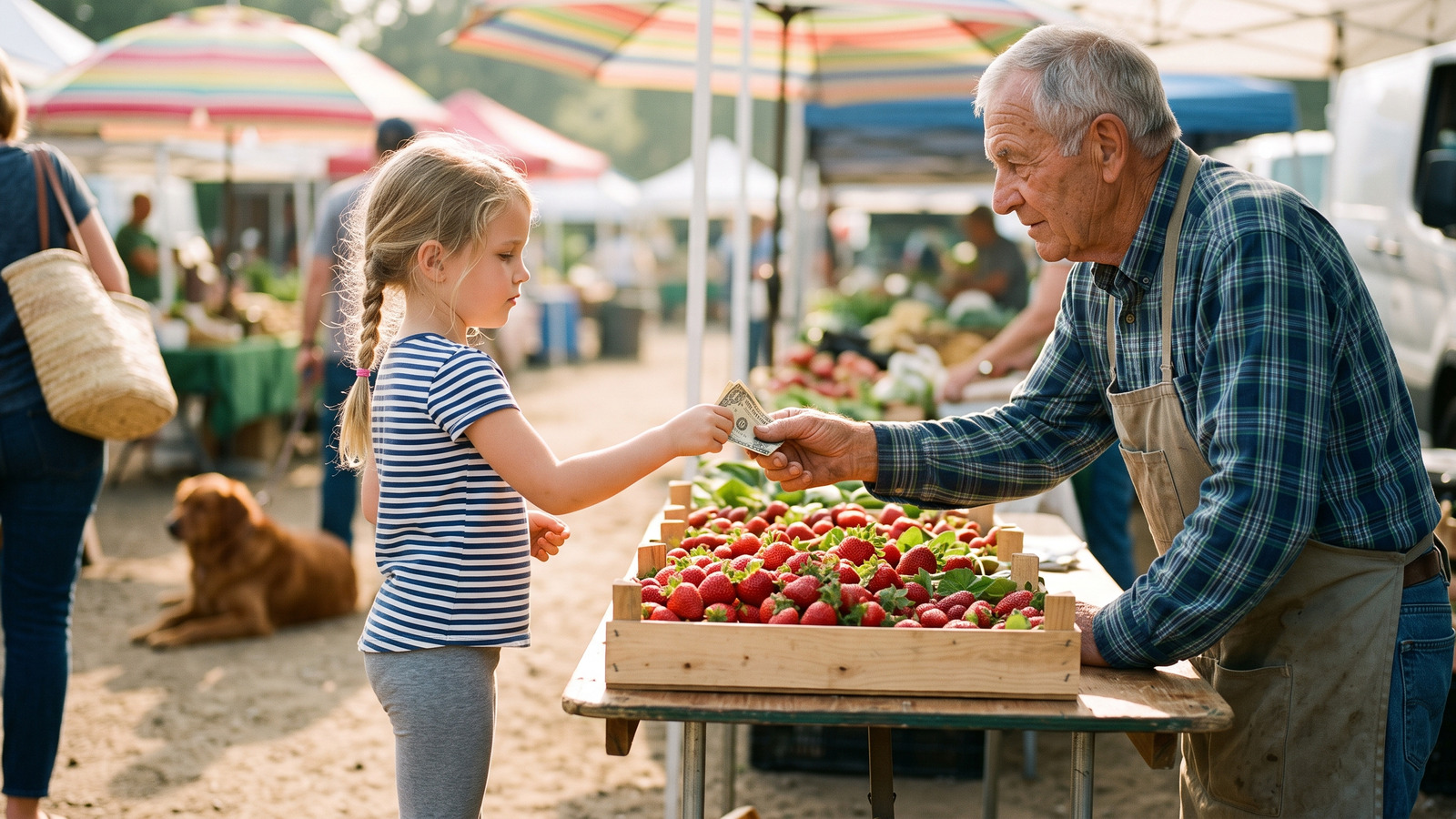 Photo of a child on tiptoe handing a dollar to a grower over a flat of strawberries at a morning farmers market