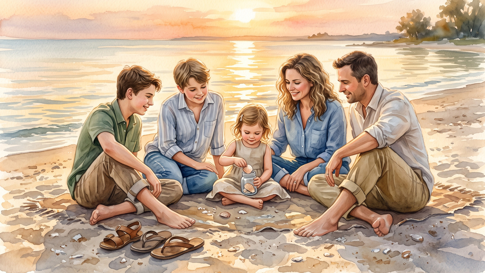 Watercolor of a family circle on golden hour sand as a child places a shell into the family gratitude jar
