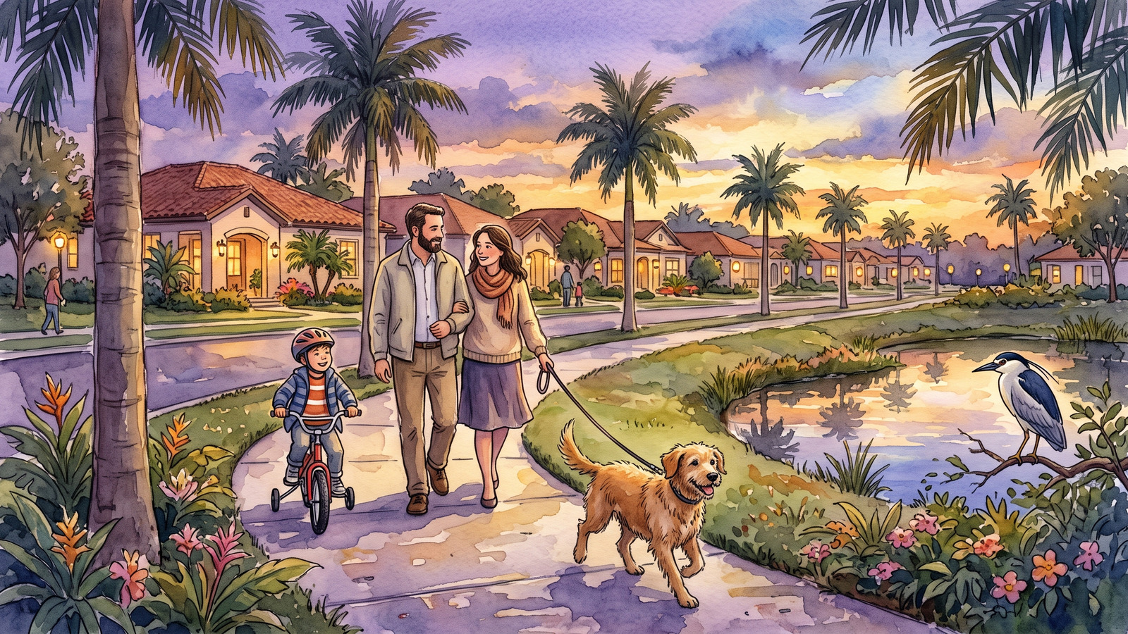 Watercolor of a family and their dog on the evening walk at dusk as a night heron lands at the pond and porch lights come on