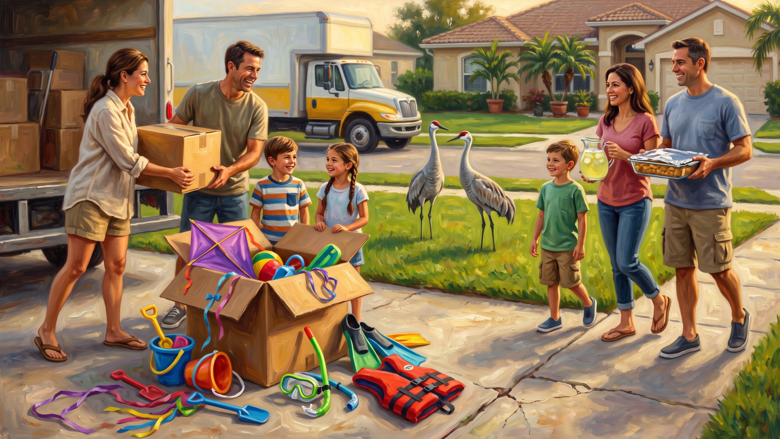 Painting of a moving day driveway where neighbors arrive with lemonade and a casserole while sandhill cranes observe from the lawn
